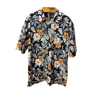 Op Black Hawaiian Floral Button-Up Shirt Cotton